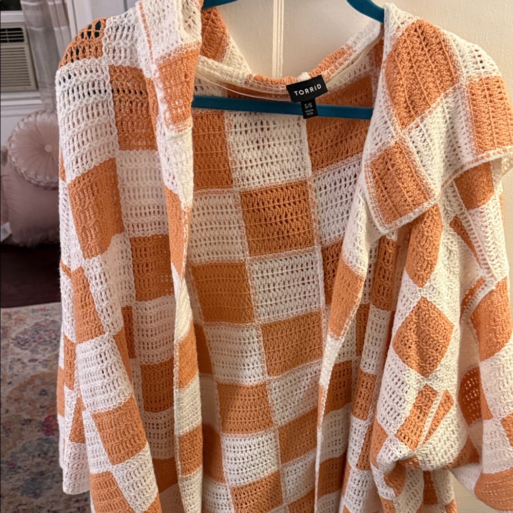 Torrid Orange and Cream Checkered Cardigan